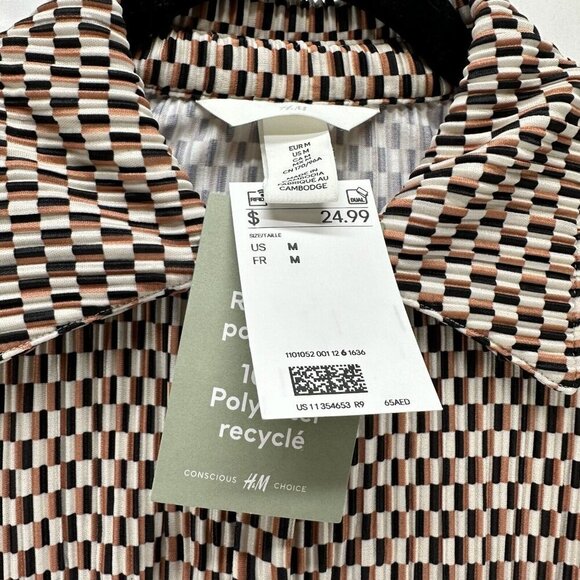 H&M Top Womens Size M Geometric Textured Jersey Button Front Long Sleeve Brown - Picture 7 of 12